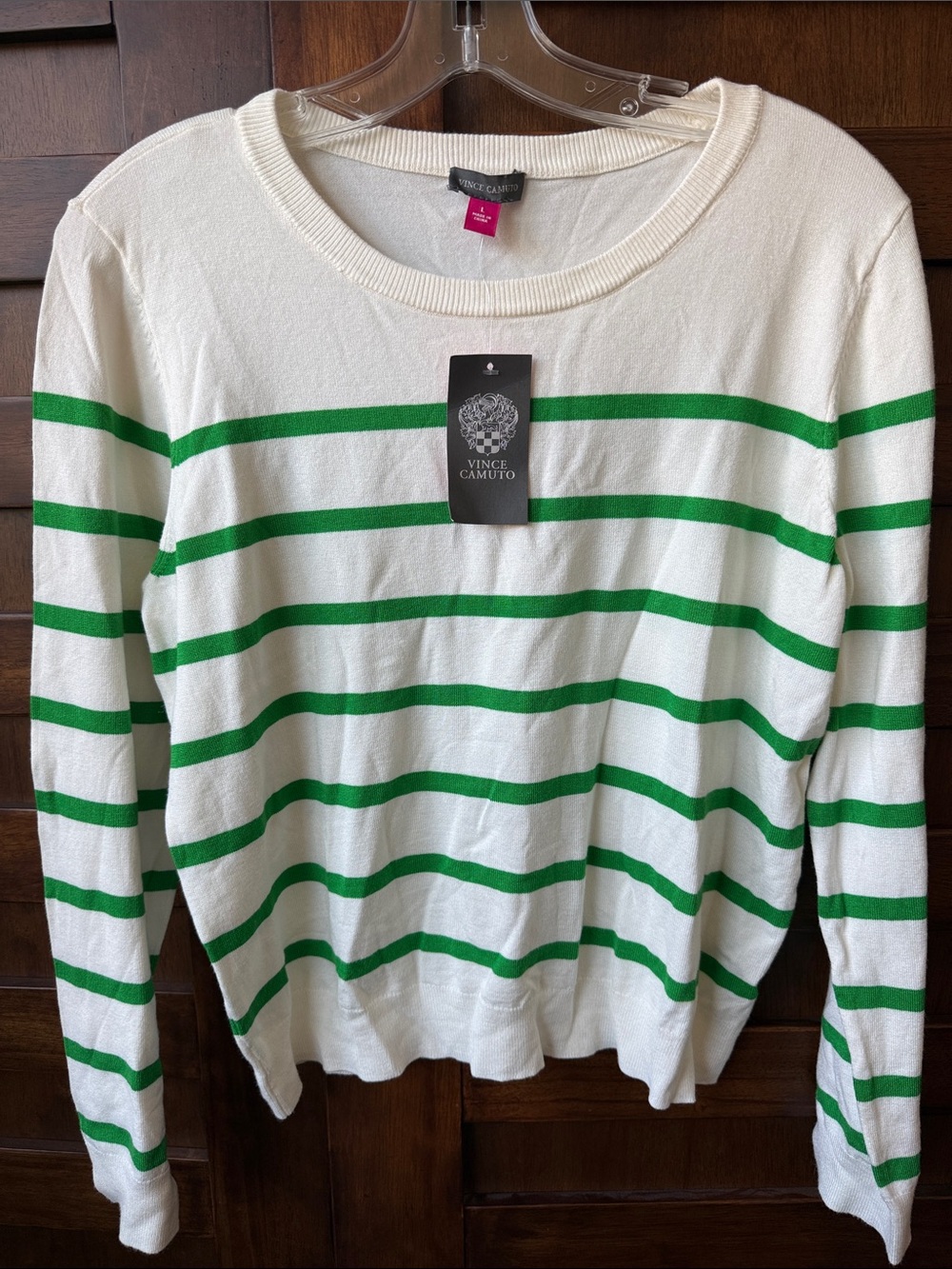 Vince Camuto Cream Crewneck Sweater with Green Stripes Size Large Lightweight